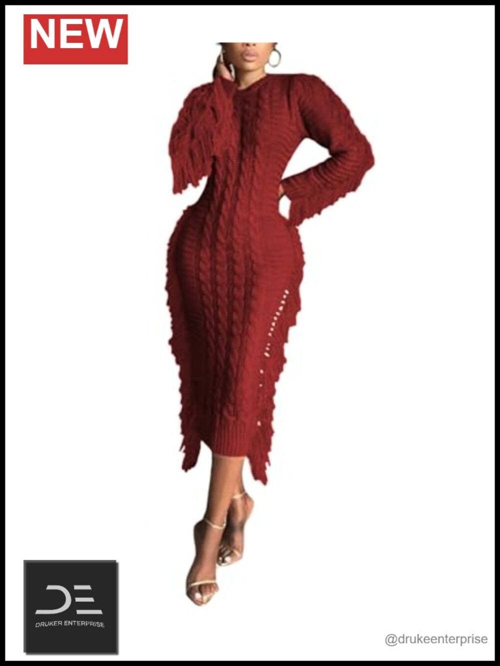 Women's Cable Knit Fringe Sweater Dress Long Sleeve A Line Midi